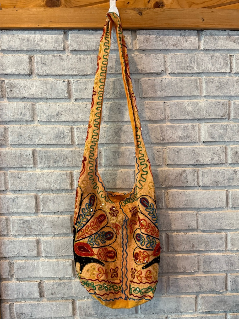 PeacockEmbroidered Yellow Boho Shoulder Bag with Multicolor Detailing